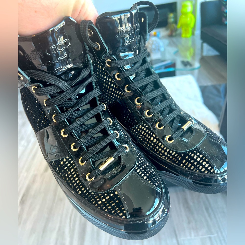 JIMMY CHOO ITALY PATENT LEATHER AND VELVET SNEAKERS EU 42.5 US 9.5